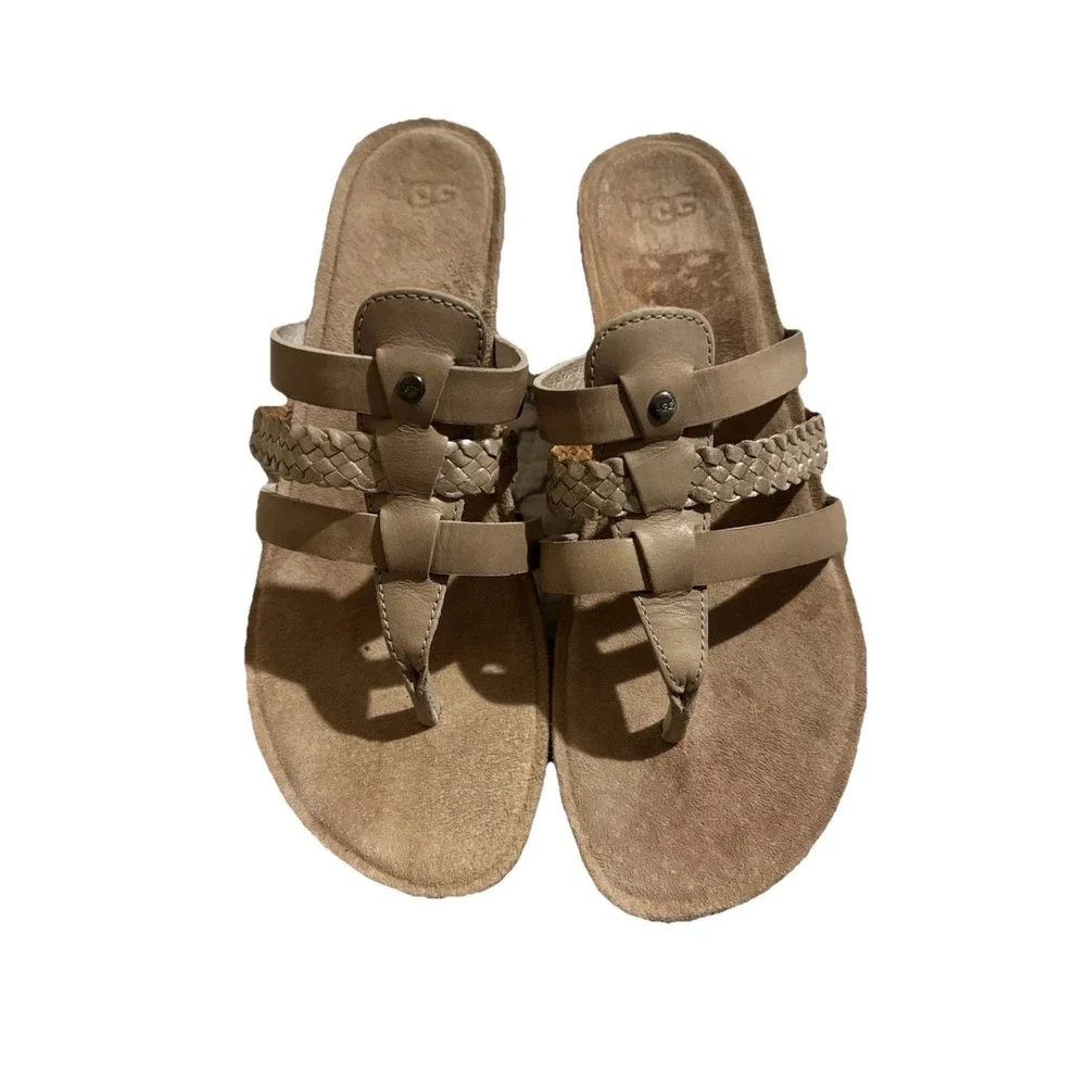 UGG Wedge Sandals Womens 8‎ Tan Leather Braided Metallic Cork Excellent Strappy
